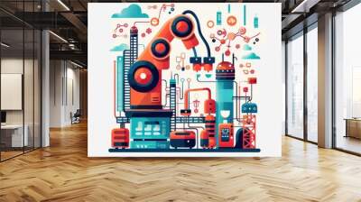 Abstract illustration of factory automation and robotics in a colorful, futuristic design with various technologies and machines. Wall mural