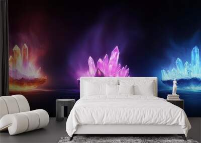 Colorful glowing crystals in a dark background, showcasing vibrant hues of orange, pink, and blue, emitting mystical energy. Wall mural