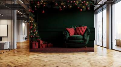 Cozy Christmas scene with decorated tree, green armchair, and red presents, perfect for holiday greetings or festive stocking designs. Wall mural