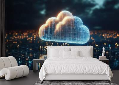 Digital cloud icon over a futuristic cityscape, representing cloud computing and data storage integration in modern technology. Wall mural