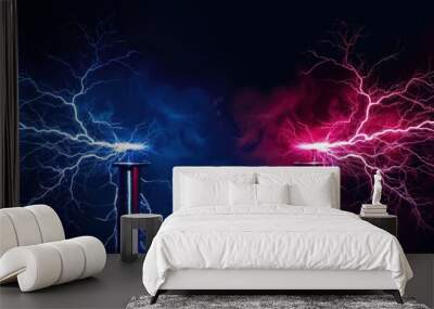 Dynamic image of electric sparks with blue and red lighting effects, illustrating the power and beauty of electricity against dark background. Wall mural