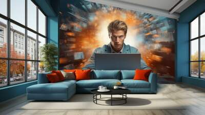 Focused man working on laptop with digital data explosion background, representing cyber security, innovation, and technology advancement. Wall mural