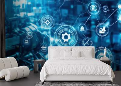 Futuristic industry 4.0 concept with smart technology icons and network connections representing advanced manufacturing and digital transformation. Wall mural