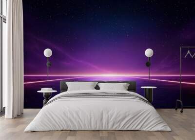 Futuristic neon landscape with glowing horizon and starry night sky, reflecting pink and purple hues on a tranquil ocean surface. Wall mural