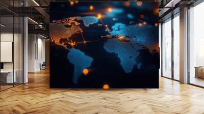 Illuminated world map showing global connections and networks with glowing points and lines on a dark blue background. Wall mural