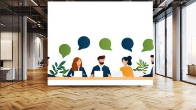 Illustration of a group of people having a discussion at a table with speech bubbles. Collaborative teamwork and communication concept. Wall mural