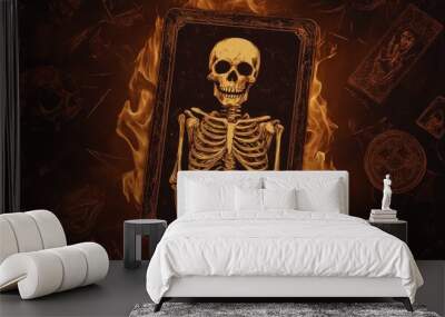 Mystical tarot card depicting a flaming skeleton surrounded by occult symbols on a dark background, evoking a mystical and eerie atmosphere. Wall mural