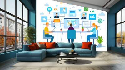 Team collaborating in modern office, using technology and data analytics for efficient workflow and communication. Wall mural