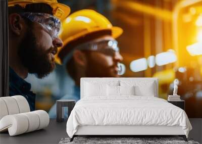 Two engineers wearing safety helmets and goggles work on industrial machinery, focusing intently under bright lighting in a factory setting. Wall mural