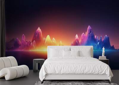 Vibrant digital landscape featuring glowing mountains and a serene ocean at sunset, blending natural beauty with futuristic art. Wall mural