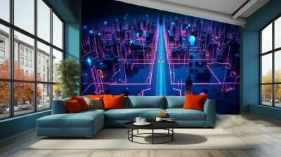 Wallpaper with futuristic neon lights, fiber optic internet connections, the concept of DATA communication transfer in a city light is fantastic. Generative AI. Wall mural