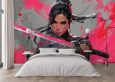 cartoon illustration of a female ninja hold katana blade with pink background
 Wall mural