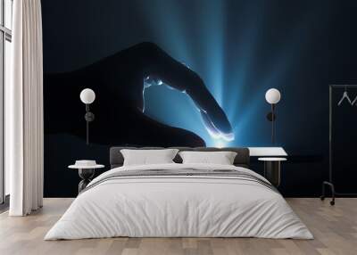 A hand is holding a phone in the dark. The light from the screen is illuminating the hand and the phone. The background is dark. Wall mural