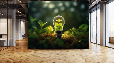 A light bulb with a plant growing inside it Wall mural