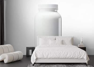 A white plastic bottle of pills or supplements with a white background. Wall mural