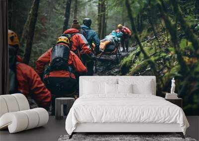 Mountain rescue team using a stretcher to carry an injured climber down a steep trail, dense forest around, depicting teamwork and risk management. Wall mural