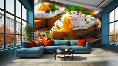 a macro photo of two bread toasts with poached eggs with seasoning and herbs, egg yolk melting and dripping Wall mural