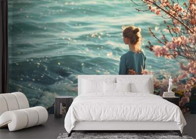 a woman who is meditating on a sea in spring Wall mural