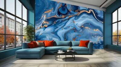 Abstract marbleized effect background. Blue creative colors. Beautiful paint with the addition of gold Wall mural