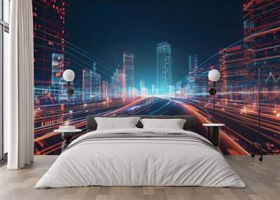 Abstract technology background illustration of a city at night, featuring light trails and wireframe hill in 3D rendering. Wall mural