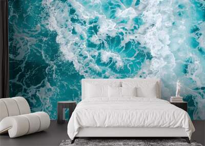 aerial view of turquoise ocean water with splashes and foam for abstract natural background and texture Wall mural