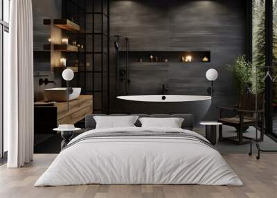 Bathroom interior design with matte black bath and modern shower. Generative AI Wall mural