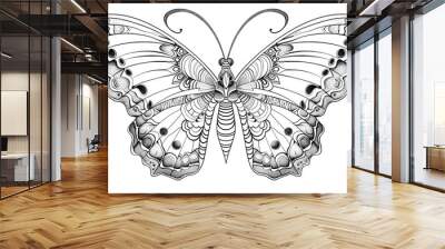 Butterfly coloring page for children and adults. Beautiful drawings with patterns and small details. Hand drawing vector illustration in black outline on a white background Wall mural