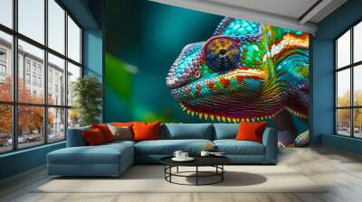 Close up colorful chameleon. Tropical wildlife animal. Color changing.  Wall mural