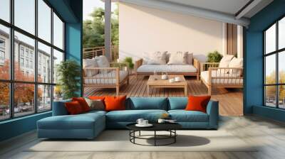 cosy simple living simplicity home interior design wooden terrace and comfort exteriro sofa furniture set on balcony terrace. Generative AI Wall mural