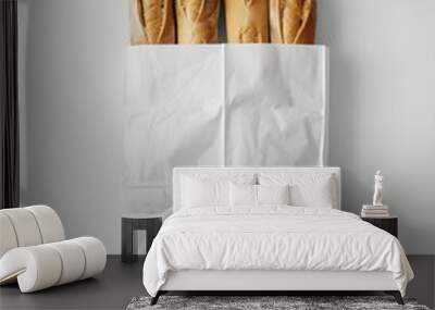 Fresh Baguette in a white paper bag mockup on white background Wall mural