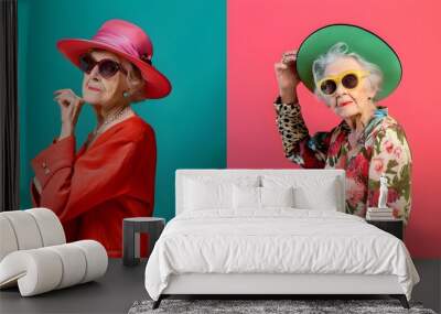 Funny grandmother portraits. Senior old woman dressing elegant for a special event. granny fashion model on colored backgrounds Wall mural