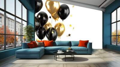 Golden and Black Balloons With Stars on White Background Wall mural