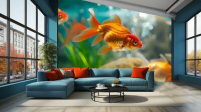 goldfish in aquarium. hobby fish farming and pet concept. Wall mural