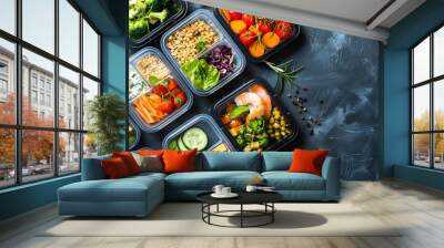 Lunch boxes with food ready to go Wall mural