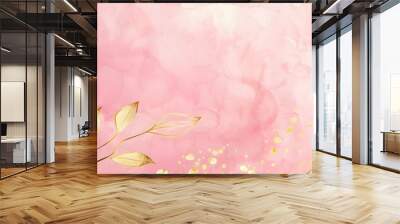 Luxurious golden wallpaper. Pink background. Gold leaves wall art with shiny golden light texture. Modern art mural wallpaper with watercolor stains. Vector illustration Wall mural