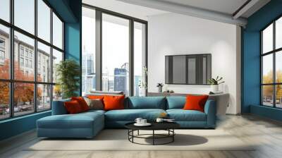 Modern living room with TV on wall, two grey armchairs, city view, minimalist design, bright and open concept. 3D Rendering Wall mural