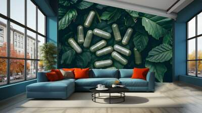 organic herb supplement capsules placed on a background of green leaves Wall mural