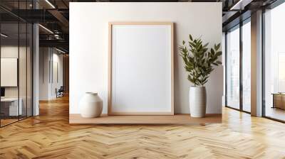 Poster mockup with vertical wooden frame in home interior background, no text, white poster. Generative AI Wall mural