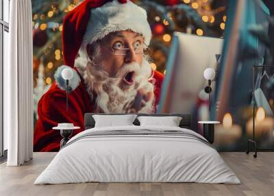 Surprised Santa Claus sitting in front of computer with shock as he reads an expensive Christmas gift list. Digital winter wishlist for presents as modern letter writing. Cozy decorations and tree.  Wall mural