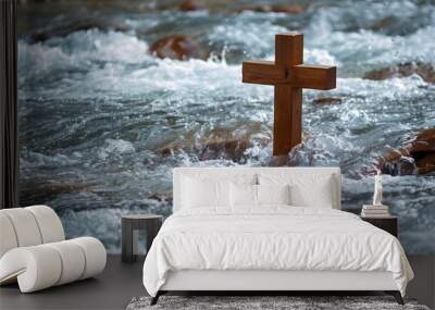 symbol of Baptism a wooden cross in the Jordan River. with copy space image. Place for adding text or design Wall mural