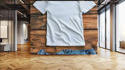 White womens cotton Tshirt mockup with blue jeans pants on wooden background. Design t shirt template, print presentation mock up. Top view flat lay. Wall mural