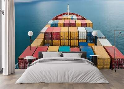 A cargo ship loaded with colorful containers is at sea under a partly  Wall mural