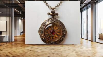 Beautiful vintage pocket watch and pearl necklace on rustic wood, selective focus. Generative AI Wall mural