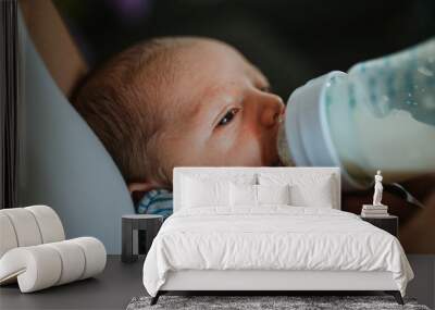 Closeup portrait of 1 month old baby eating milk from bottle Wall mural