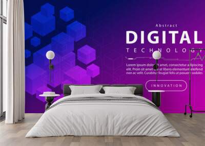 Abstract digital technology futuristic blue pink purple background, Cyber science tech, Innovation communication future Ai big data, internet network connection, Cloud illustration vector isometric 3d Wall mural