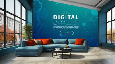 Digital technology banner blue green background concept, cyber technology binary code, abstract tech, innovation future data, internet network, Ai big data, lines dots connection, illustration vector Wall mural