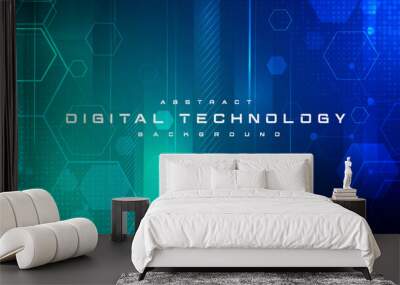 Digital technology banner blue green background concept, cyber technology light effect, abstract tech, innovation future data, internet network, Ai big data, lines dots connection, illustration vector Wall mural