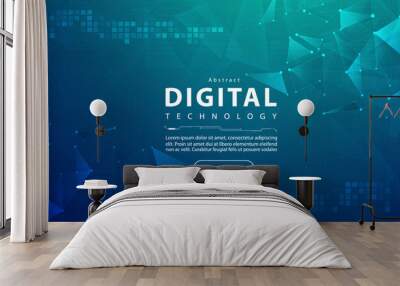 Digital technology banner blue green background concept, cyber technology light effect, abstract tech, innovation future data, internet network, Ai big data, lines dots connection, illustration vector Wall mural