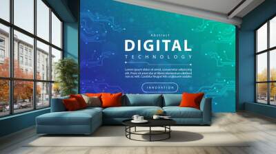 Digital technology banner blue green background concept with technology light effect, abstract tech, innovation future data, internet network, Ai big data, lines dots connection, illustration vector Wall mural