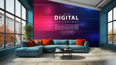 Digital technology banner blue pink background concept, cyber security technology, abstract purple tech, innovation future data, internet network, Ai big data, line dot connection, illustration vector Wall mural